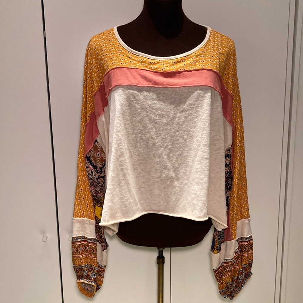 Easel poncho crop blouse mixed fabric Bohemian 2X